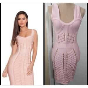 House of CB Pink Bandage Bodycon Y2K Fitted Dress Sz L Snatched Sexy Balletcore